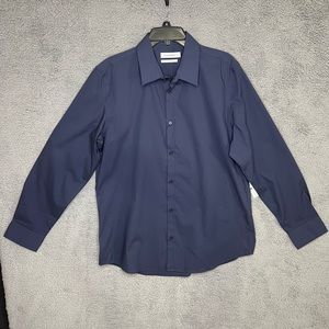 Calvin Klein Mens Non-Iron Button Up Dress Shirt Navy Blue Size Large Classy New
